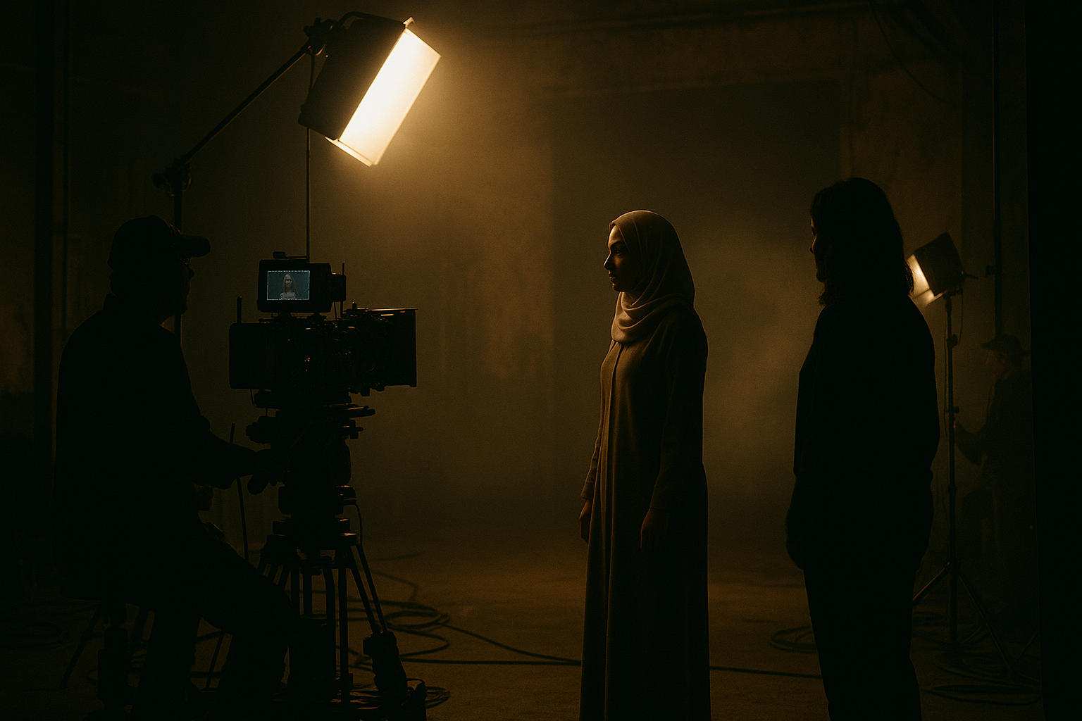 Film production set with dramatic lighting and camera crew